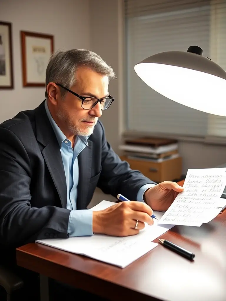 Image of a handwriting expert comparing two different handwriting samples side-by-side, highlighting the subtle differences and similarities that can reveal forgery.