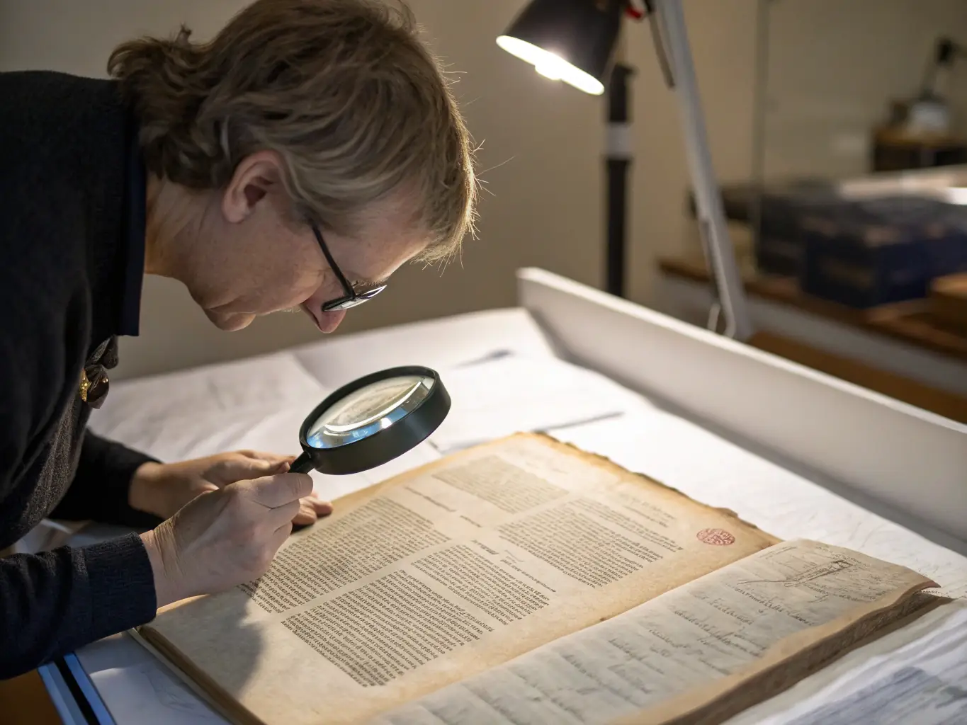 An expert analyzing a handwritten document under a magnifying glass, focusing on the minute details of the script.